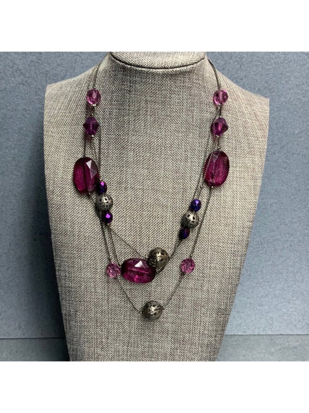 Triple Strand Necklace 16 In Faceted Purple Beads Gunmetal Silver Filigree Retro